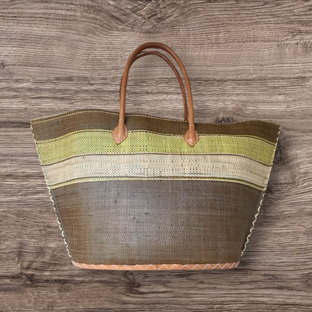 Raffia Palm Beach Tote Bag Green Stripe